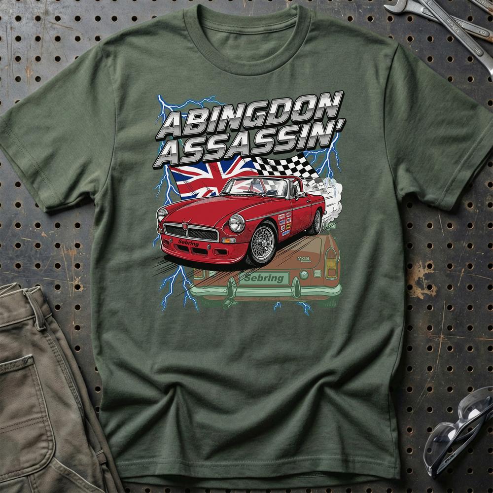 MG MGB T-Shirt - Abingdon Assassin | British Racing T-Shirt-Beklædning-MG-Grøn Militær-S-Garage Culture Shop- garage - man cave - merchandise