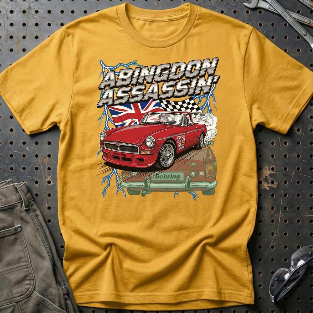 MG MGB T-Shirt - Abingdon Assassin | British Racing T-Shirt-Beklædning-MG-Guld-S-Garage Culture Shop- garage - man cave - merchandise