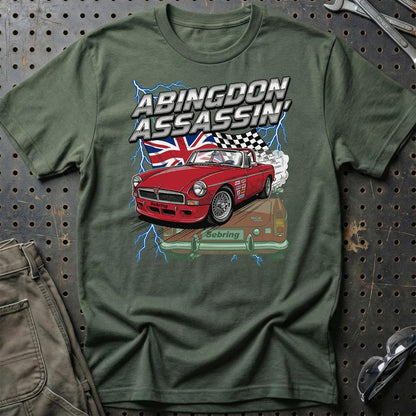 MG MGB T-Shirt – Abingdon Assassin | British Racing - Unisex T-Shirt , Bomuld-Beklædning-MG-Grøn Militær-S-Garage Culture Shop- garage - man cave - merchandise