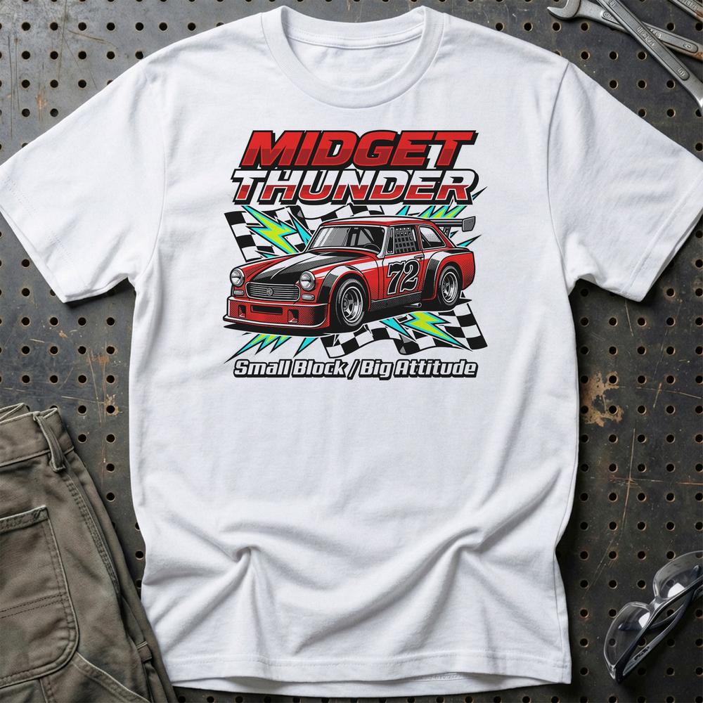 MG Midget Thunder Small Block Big Attitude T-Shirt-Beklædning-MG-Hvid-S-Garage Culture Shop- garage - man cave - merchandise