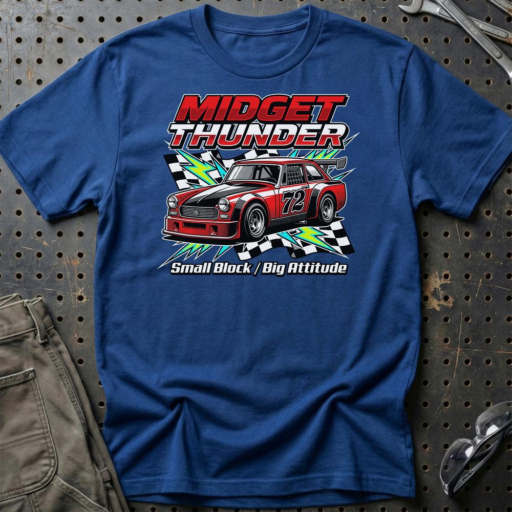 MG Midget Thunder Small Block Big Attitude T-Shirt-Beklædning-MG-Blå Royal-S-Garage Culture Shop- garage - man cave - merchandise