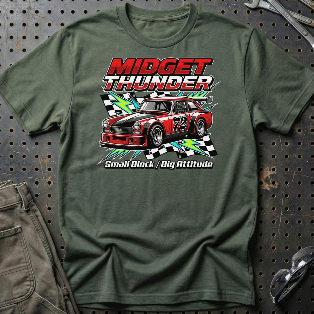 MG Midget Thunder Small Block Big Attitude T-Shirt-Beklædning-MG-Grøn Militær-S-Garage Culture Shop- garage - man cave - merchandise