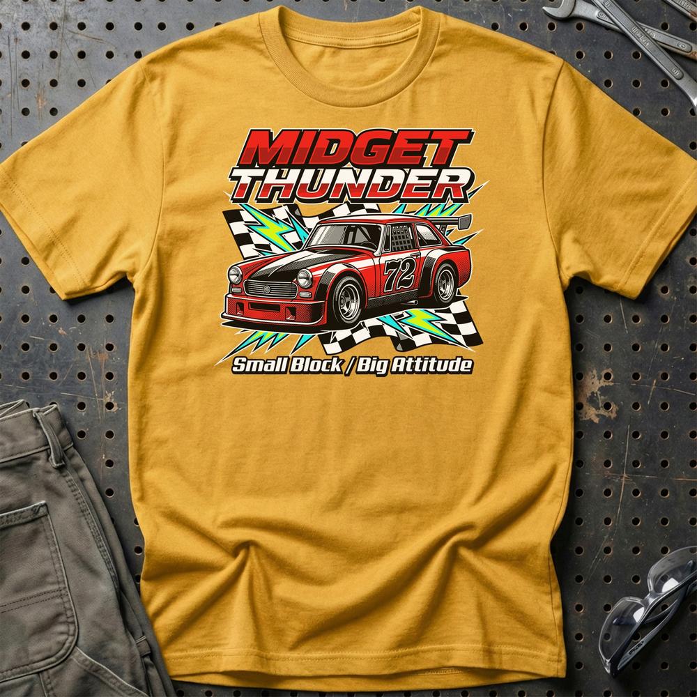 MG Midget Thunder Small Block Big Attitude T-Shirt-Beklædning-MG-Guld-S-Garage Culture Shop- garage - man cave - merchandise