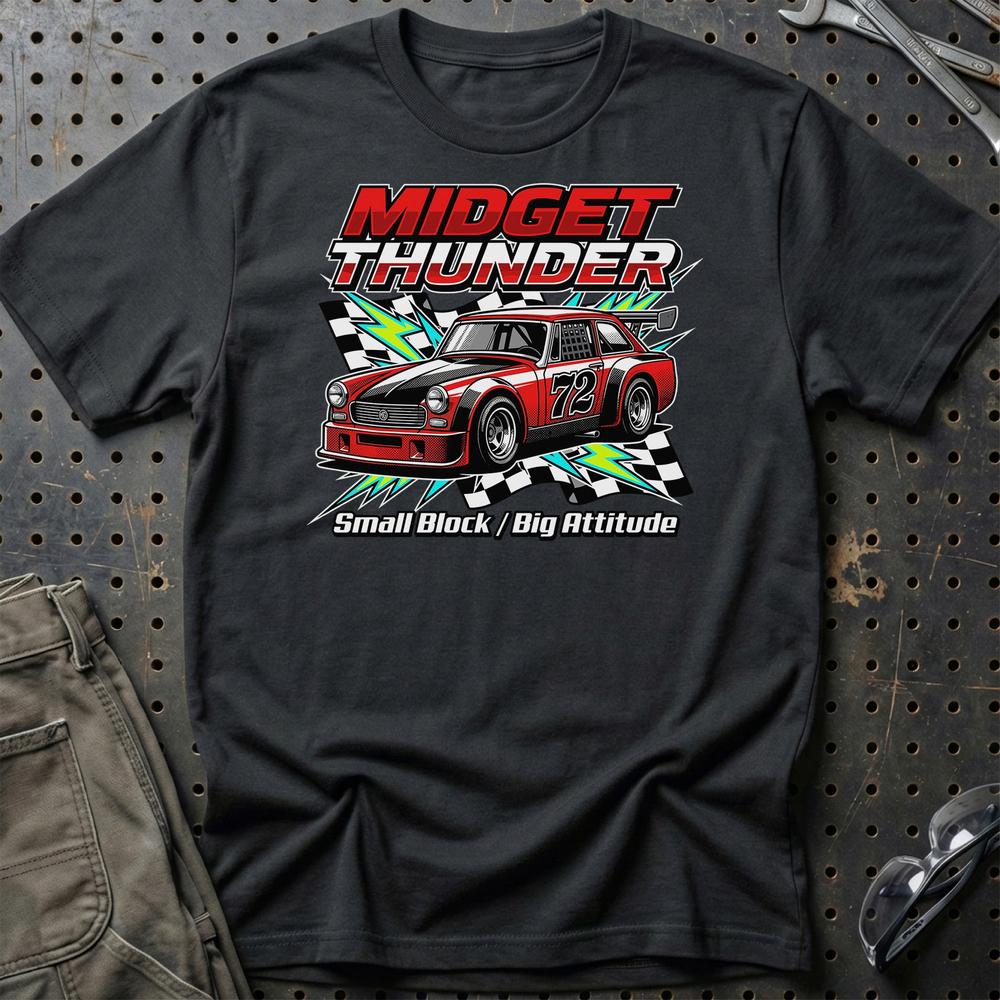 MG Midget Thunder Small Block Big Attitude T-Shirt-Beklædning-MG-Sort-S-Garage Culture Shop- garage - man cave - merchandise