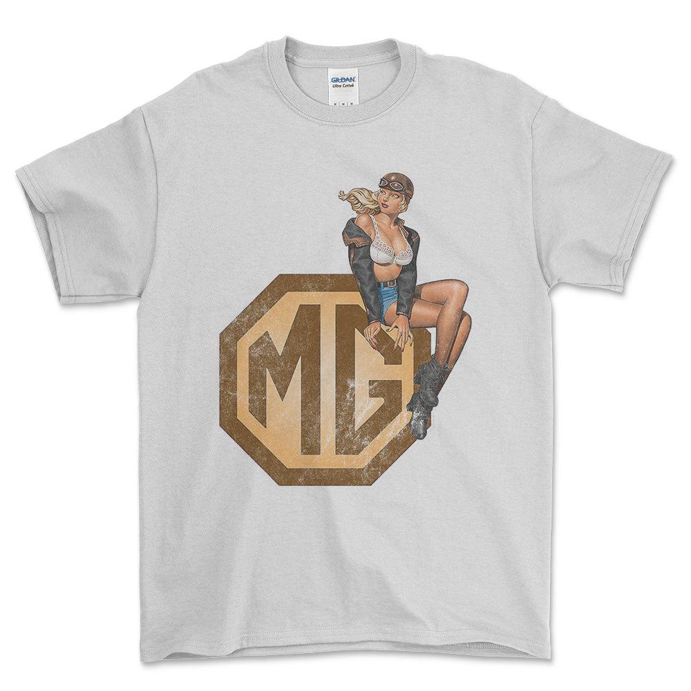 MG Pinup - Unisex T-Shirt , Bomuld-Beklædning-MG-Hvid-S-Forside-Garage Culture Shop- garage - man cave - merchandise