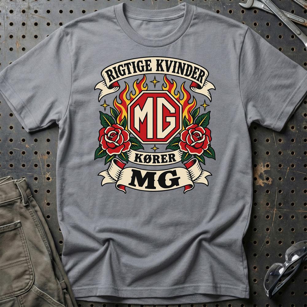 MG Rigtige Kvinder Kører – Roser og Flammer T-Shirt-Beklædning-MG-Grå Sport-S-Garage Culture Shop- garage - man cave - merchandise