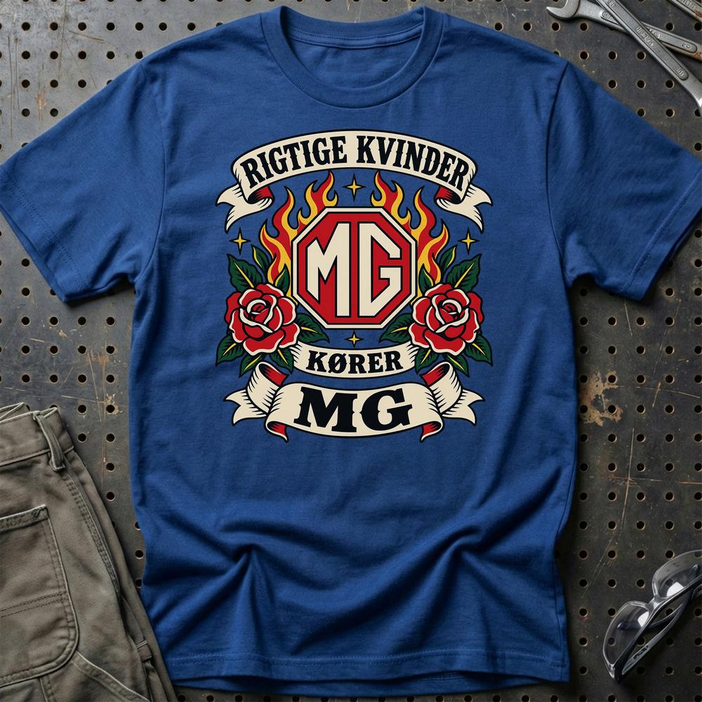 MG Rigtige Kvinder Kører – Roser og Flammer T-Shirt-Beklædning-MG-Blå Royal-S-Garage Culture Shop- garage - man cave - merchandise
