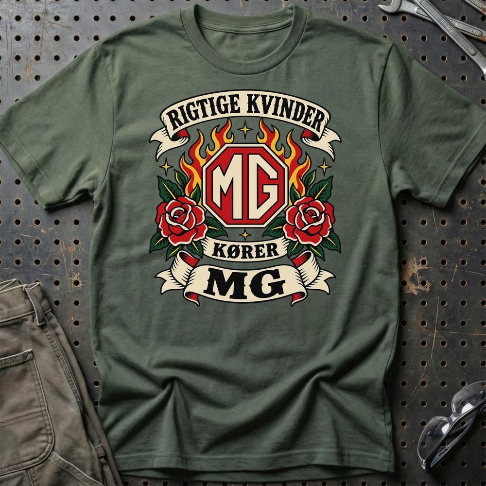 MG Rigtige Kvinder Kører – Roser og Flammer T-Shirt-Beklædning-MG-Grøn Militær-S-Garage Culture Shop- garage - man cave - merchandise