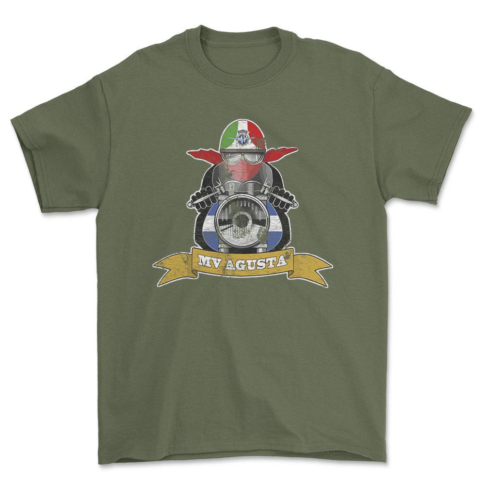 MV Agusta Biker Vintage Style Unisex T-Shirt , Bomuld-Beklædning-MV Agusta-Grøn Militær-S-Forside-Garage Culture Shop- garage - man cave - merchandise