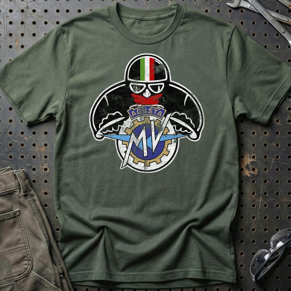 MV Agusta Biker Vintage Style Unisex T-Shirt , Bomuld-Beklædning-MV Agusta-Grøn Militær-S-Garage Culture Shop- garage - man cave - merchandise