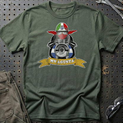 MV Agusta Biker Vintage Style Unisex T-Shirt , Bomuld-Beklædning-MV Agusta-Grøn Militær-S-Garage Culture Shop- garage - man cave - merchandise