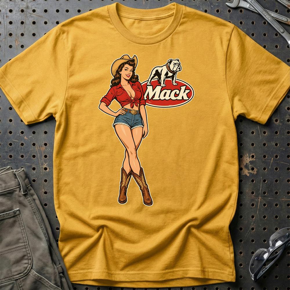 Mack Cowboy Pinup T-Shirt-Beklædning-Mack-Guld-S-Garage Culture Shop- garage - man cave - merchandise
