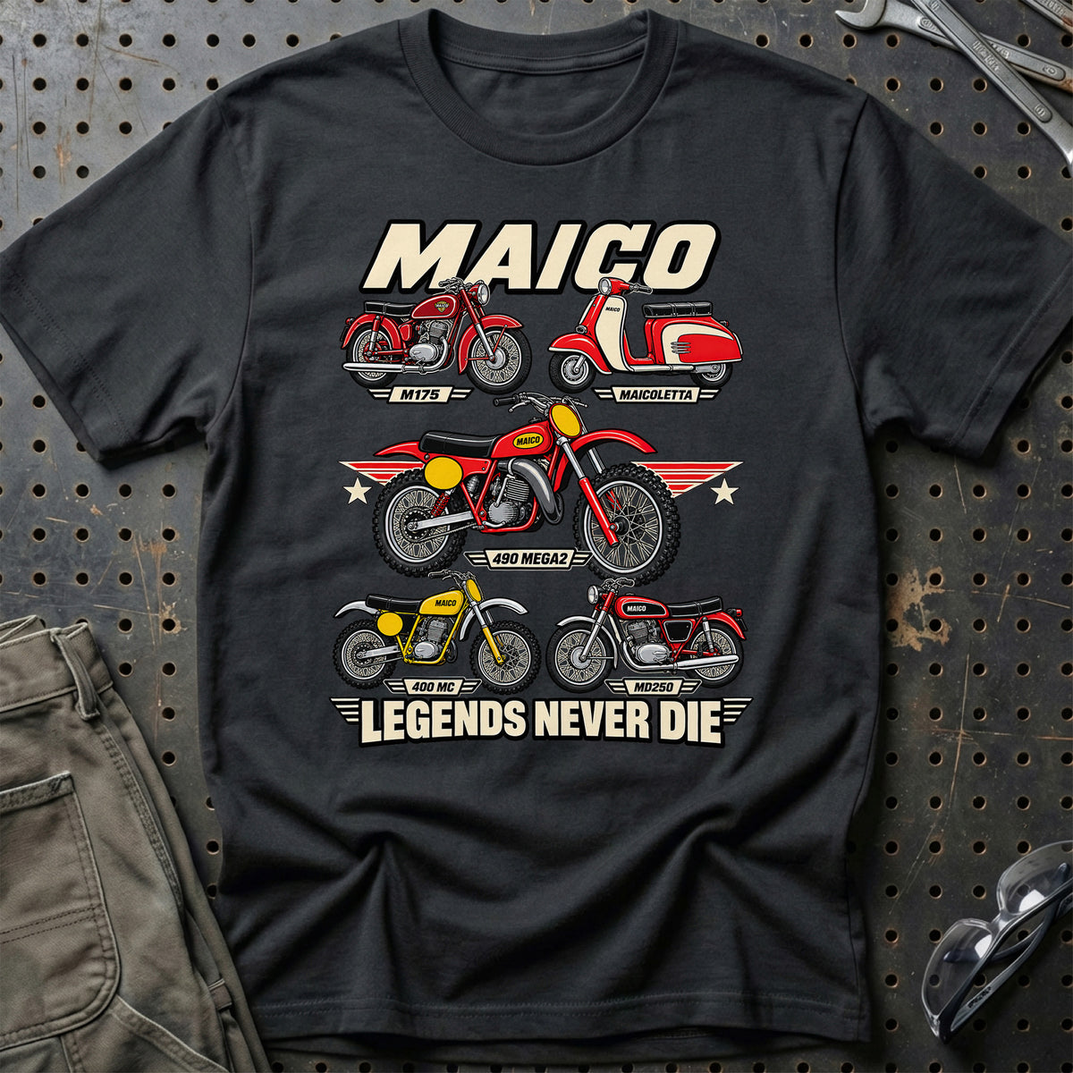Maico Legends Never Die T-Shirt-Beklædning-Maico-Sort-S-Garage Culture Shop- garage - man cave - merchandise