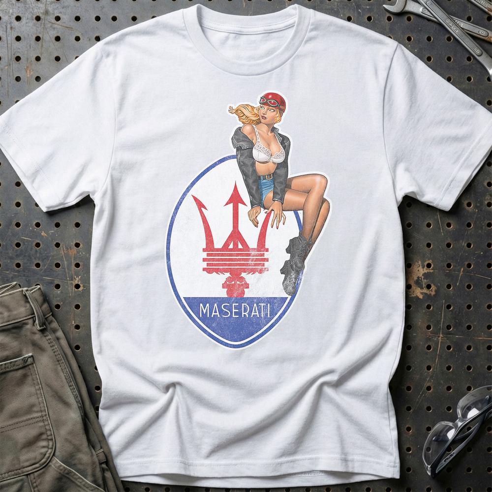 Maserati Pinup T-Shirt-Beklædning-Maserati-Hvid-S-Garage Culture Shop- garage - man cave - merchandise