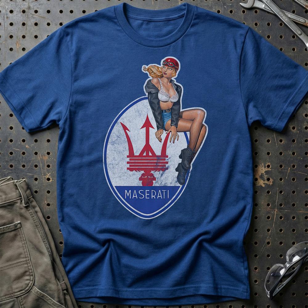 Maserati Pinup T-Shirt-Beklædning-Maserati-Blå Royal-S-Garage Culture Shop- garage - man cave - merchandise