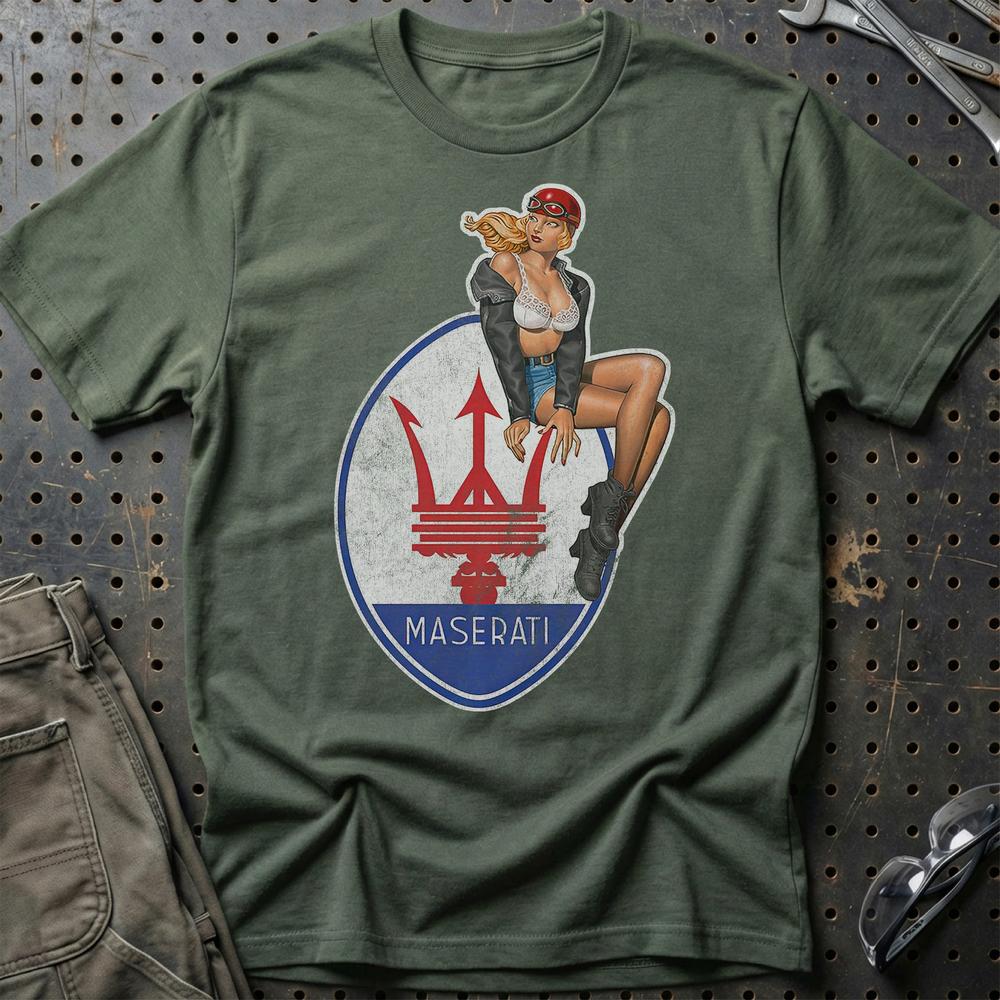 Maserati Pinup T-Shirt-Beklædning-Maserati-Grøn Militær-S-Garage Culture Shop- garage - man cave - merchandise