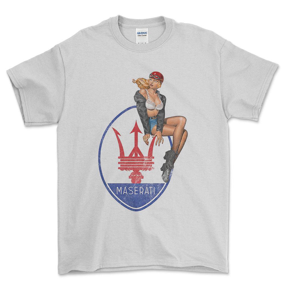 Maserati Pinup - Unisex T-Shirt , Bomuld-Beklædning-Maserati-Hvid-S-Forside-Garage Culture Shop- garage - man cave - merchandise