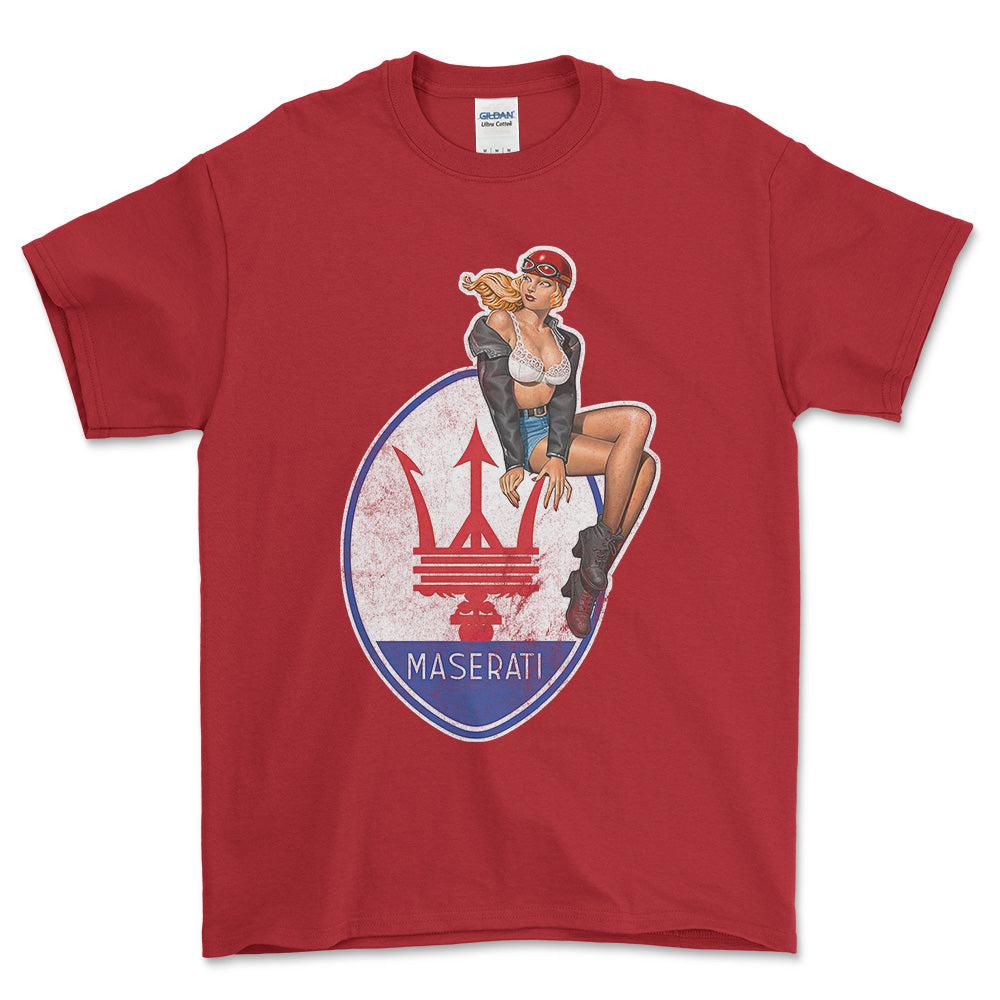Maserati Pinup - Unisex T-Shirt , Bomuld-Beklædning-Maserati-Rød-S-Forside-Garage Culture Shop- garage - man cave - merchandise
