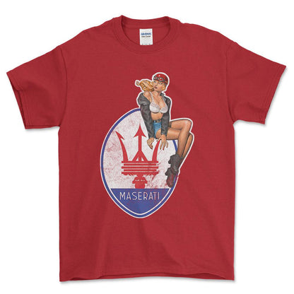 Maserati Pinup - Unisex T-Shirt , Bomuld-Beklædning-Maserati-Rød-S-Forside-Garage Culture Shop- garage - man cave - merchandise