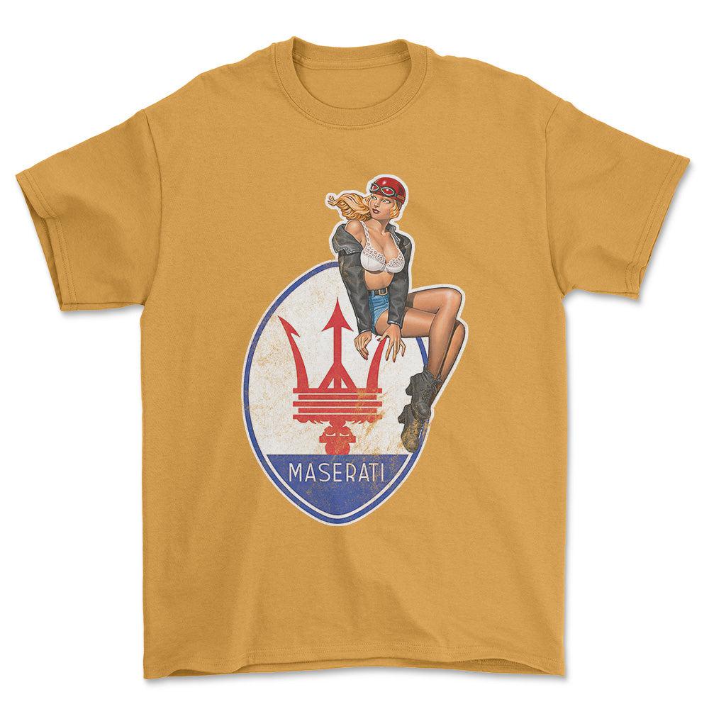 Maserati Pinup - Unisex T-Shirt , Bomuld-Beklædning-Maserati-Guld-S-Forside-Garage Culture Shop- garage - man cave - merchandise