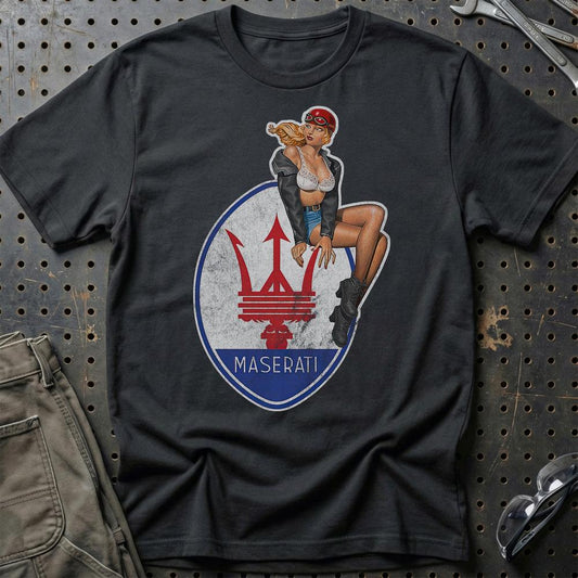 Maserati Pinup - Unisex T-Shirt , Bomuld-Beklædning-Maserati-Sort-S-Garage Culture Shop- garage - man cave - merchandise