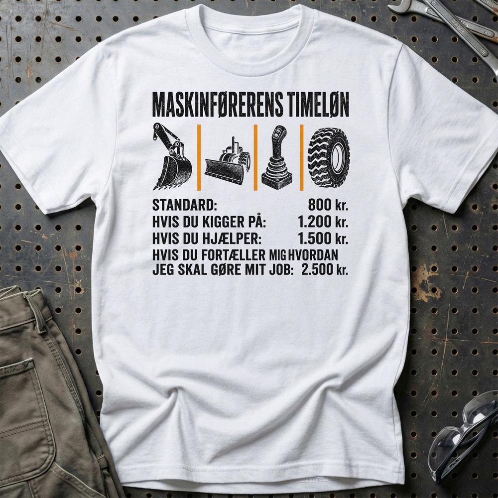 Maskinførerens Timeløn – Unisex T-Shirt, Bomuld-Beklædning-Garage Culture-Hvid-S-Garage Culture Shop- garage - man cave - merchandise