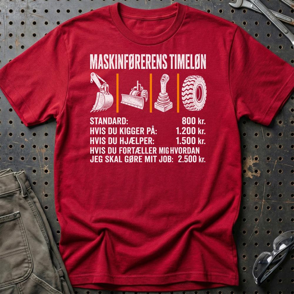 Maskinførerens Timeløn – Unisex T-Shirt, Bomuld-Beklædning-Garage Culture-Rød-S-Garage Culture Shop- garage - man cave - merchandise