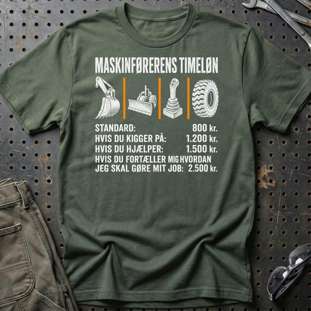 Maskinførerens Timeløn – Unisex T-Shirt, Bomuld-Beklædning-Garage Culture-Grøn Militær-S-Garage Culture Shop- garage - man cave - merchandise
