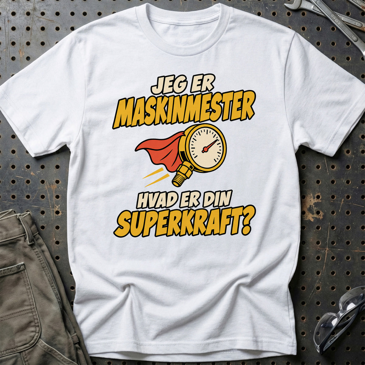 
Maskinmester – Hvad er din superkraft? – Unisex T-Shirt – Hvid