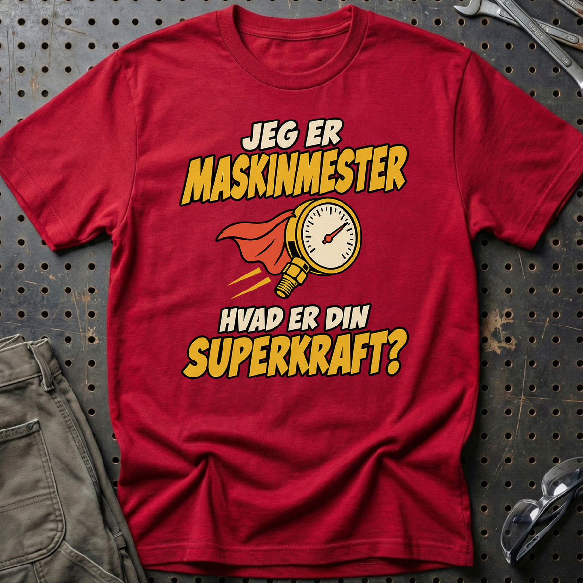 
Maskinmester – Hvad er din superkraft? – Unisex T-Shirt – Rød