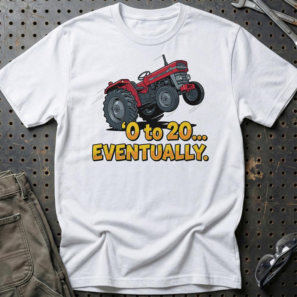 Massey Ferguson 135 “0 to 20… Eventually” T-Shirt-Beklædning-Massey Ferguson-Hvid-S-Garage Culture Shop- garage - man cave - merchandise