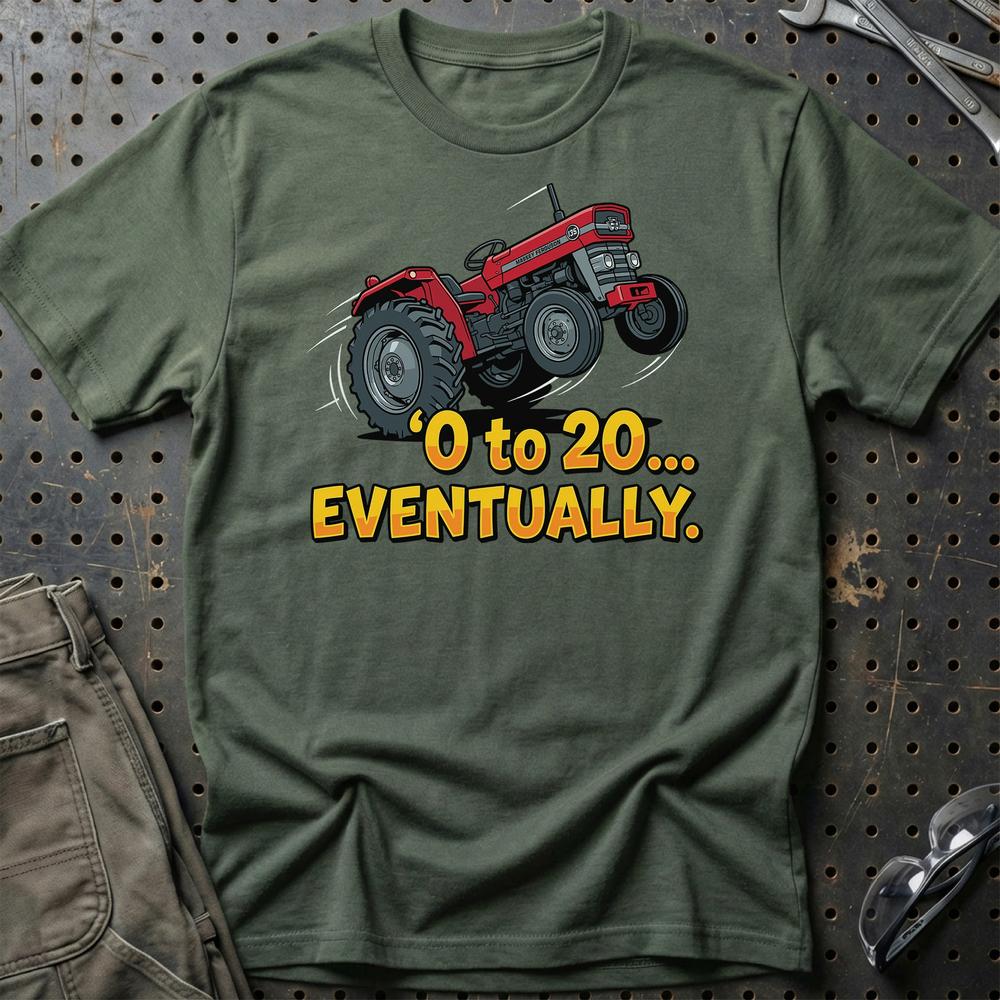 Massey Ferguson 135 “0 to 20… Eventually” T-Shirt-Beklædning-Massey Ferguson-Grøn Militær-S-Garage Culture Shop- garage - man cave - merchandise