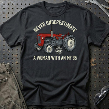Massey Ferguson 35 Never Underestimate A Woman With AN MF 35 - Unisex T-Shirt-Beklædning-Massey Ferguson-Sort-S-Garage Culture Shop- garage - man cave - merchandise