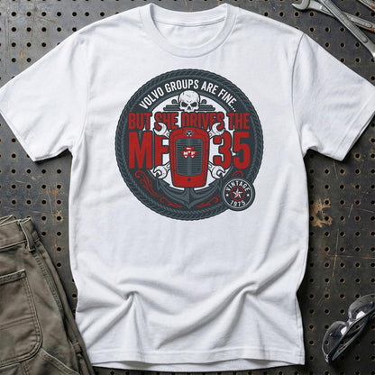 Massey Ferguson 35 She Drives The MF 35 - Unisex T-Shirt-Beklædning-Massey Ferguson-Hvid-S-Garage Culture Shop- garage - man cave - merchandise