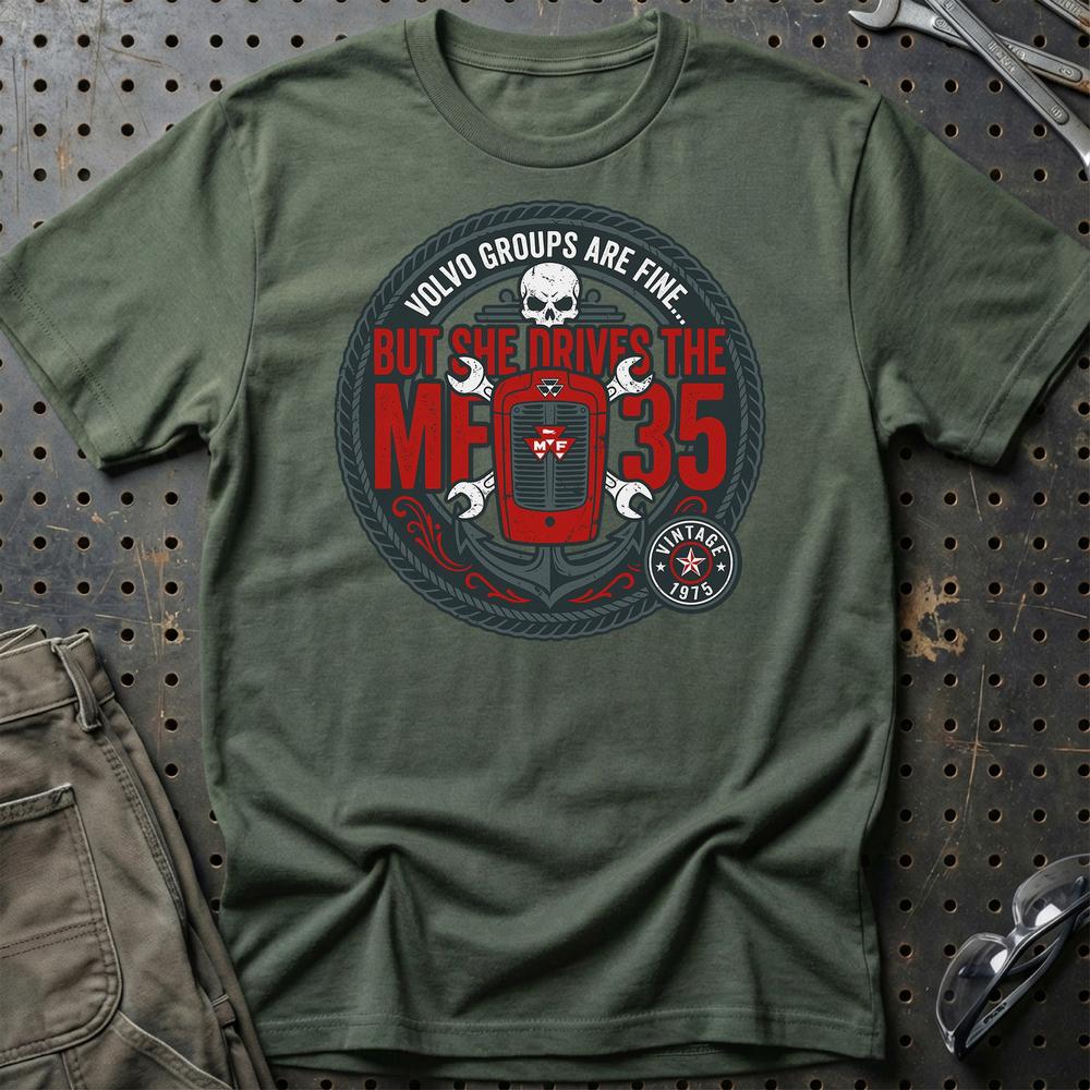 Massey Ferguson 35 She Drives The MF 35 - Unisex T-Shirt-Beklædning-Massey Ferguson-Grøn Militær-S-Garage Culture Shop- garage - man cave - merchandise