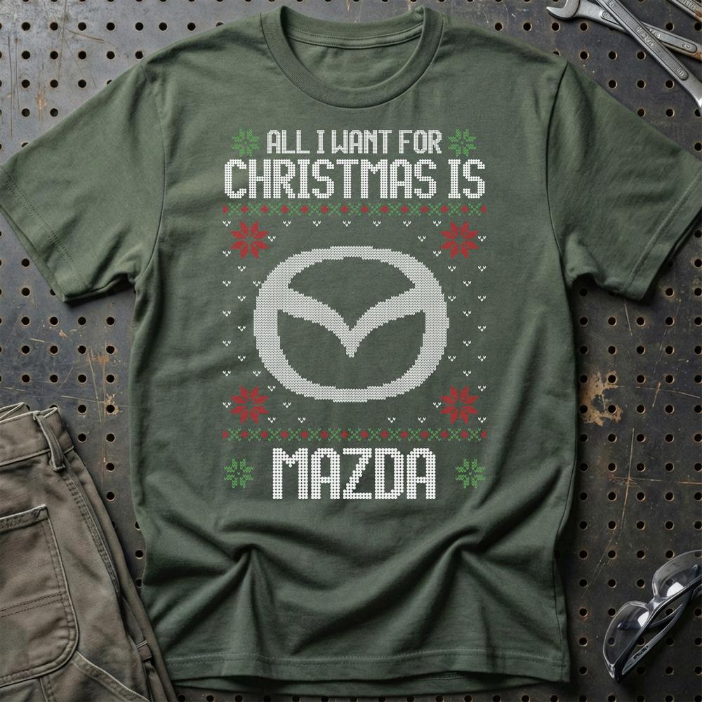 Mazda - All I Want For Christmas T-Shirt-Beklædning-Mazda-Grøn Militær-S-Garage Culture Shop- garage - man cave - merchandise
