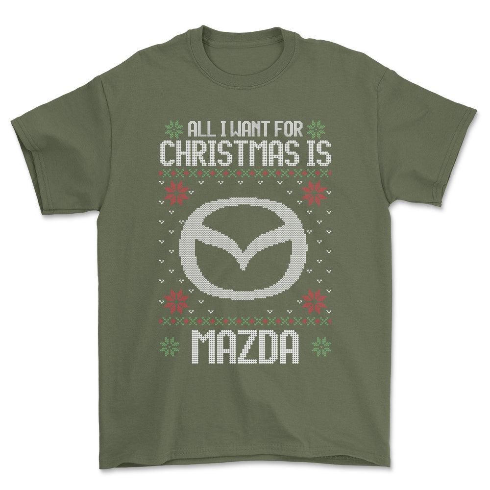 Mazda - All I Want For Christmas - Unisex T-Shirt , Bomuld-Beklædning-Mazda-Grøn Militær-S-Forside-Garage Culture Shop- garage - man cave - merchandise