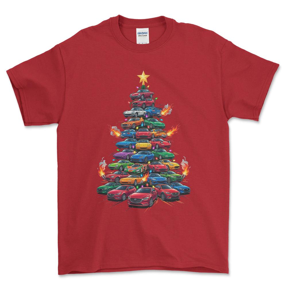 Mazda Juletræ Christmas Tree - Unisex T-Shirt-Beklædning-Mazda-Rød-S-Forside-Garage Culture Shop- garage - man cave - merchandise