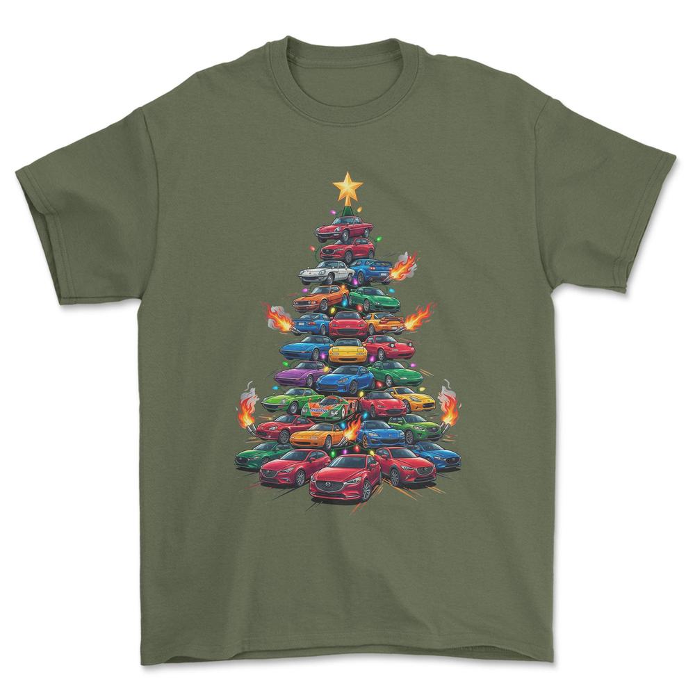 Mazda Juletræ Christmas Tree - Unisex T-Shirt-Beklædning-Mazda-Grøn Militær-S-Forside-Garage Culture Shop- garage - man cave - merchandise