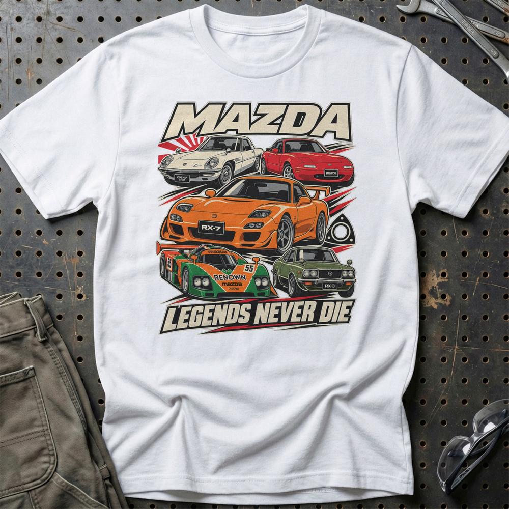 Mazda Legends Never Die T-Shirt-Beklædning-Mazda-Hvid-S-Garage Culture Shop- garage - man cave - merchandise