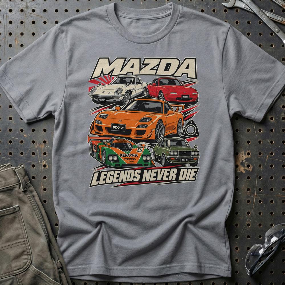 Mazda Legends Never Die T-Shirt-Beklædning-Mazda-Grå Sport-S-Garage Culture Shop- garage - man cave - merchandise