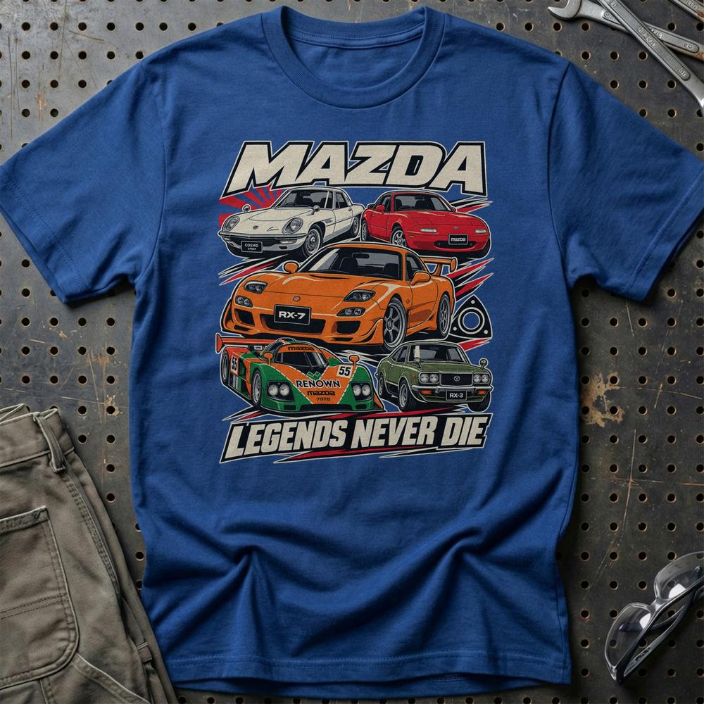Mazda Legends Never Die T-Shirt-Beklædning-Mazda-Blå Royal-S-Garage Culture Shop- garage - man cave - merchandise