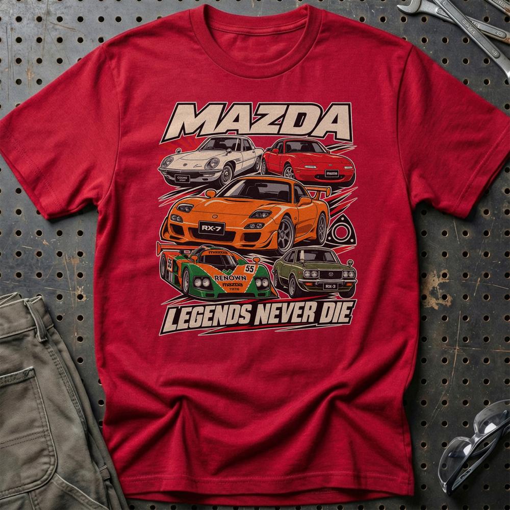 Mazda Legends Never Die T-Shirt-Beklædning-Mazda-Rød-S-Garage Culture Shop- garage - man cave - merchandise