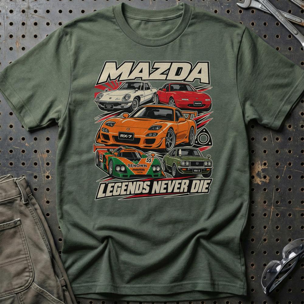 Mazda Legends Never Die T-Shirt-Beklædning-Mazda-Grøn Militær-S-Garage Culture Shop- garage - man cave - merchandise
