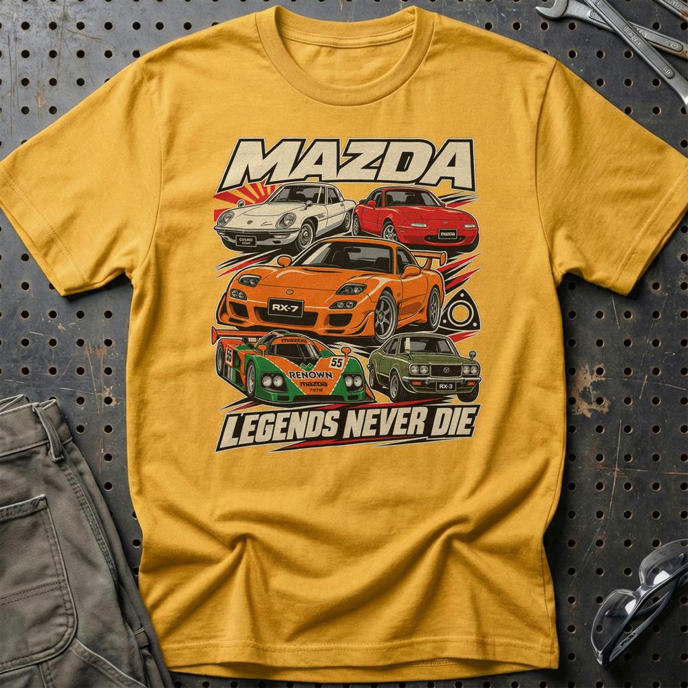 Mazda Legends Never Die T-Shirt-Beklædning-Mazda-Guld-S-Garage Culture Shop- garage - man cave - merchandise