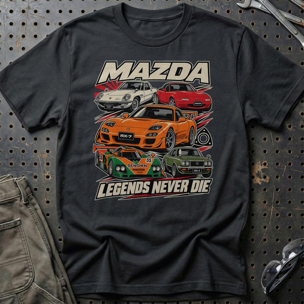 Mazda Legends Never Die T-Shirt-Beklædning-Mazda-Sort-S-Garage Culture Shop- garage - man cave - merchandise