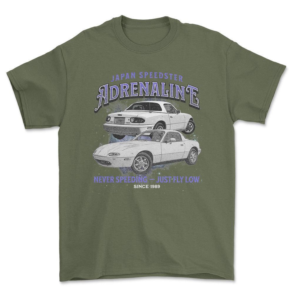 Mazda MX 5 Miata - Andrenaline Unisex T-Shirt , Bomuld-Beklædning-Mazda-Grøn Militær-S-Forside-Garage Culture Shop- garage - man cave - merchandise