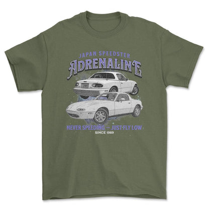 Mazda MX 5 Miata - Andrenaline Unisex T-Shirt , Bomuld-Beklædning-Mazda-Grøn Militær-S-Forside-Garage Culture Shop- garage - man cave - merchandise