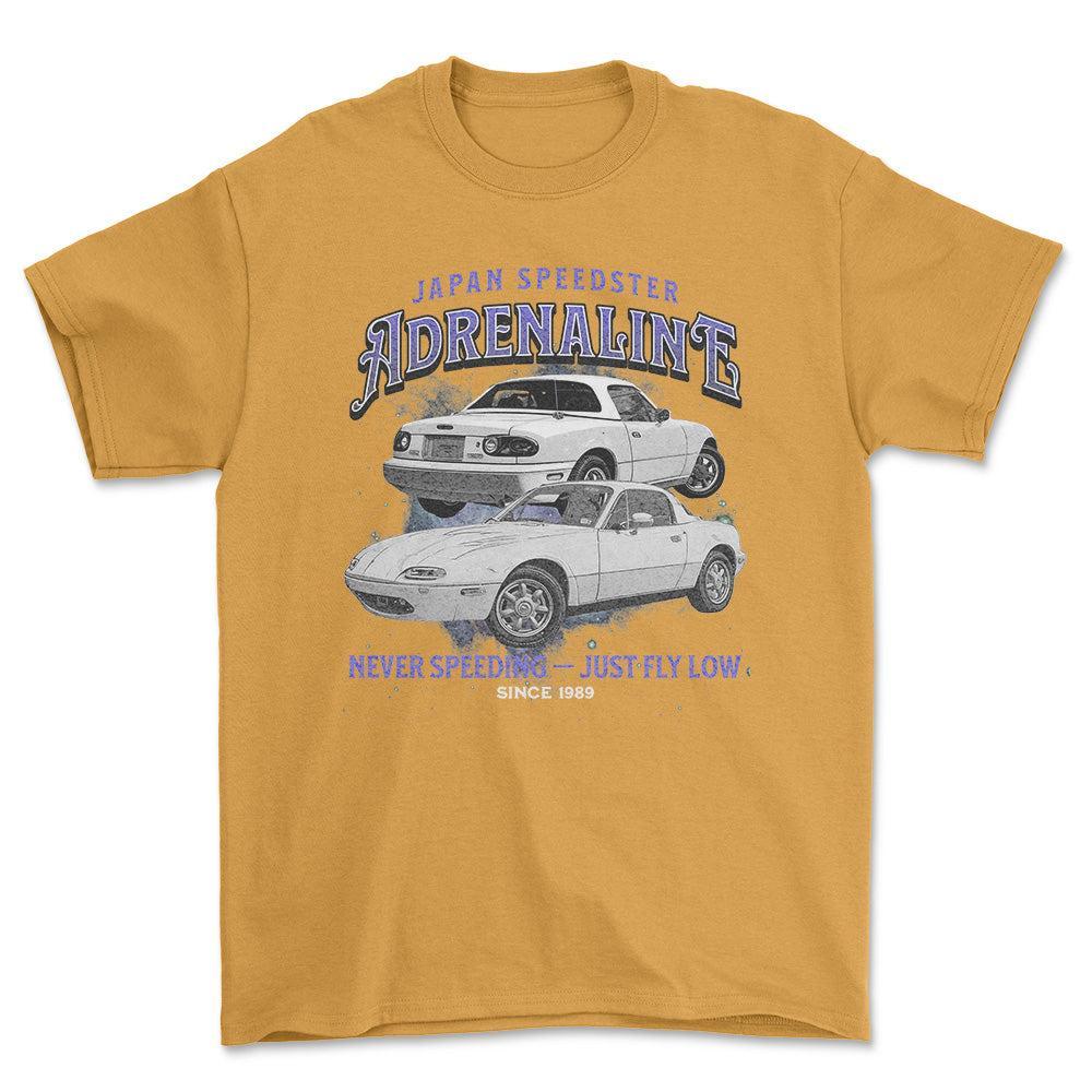 Mazda MX 5 Miata - Andrenaline Unisex T-Shirt , Bomuld-Beklædning-Mazda-Guld-S-Forside-Garage Culture Shop- garage - man cave - merchandise