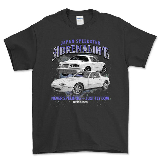 Mazda MX 5 Miata - Andrenaline Unisex T-Shirt , Bomuld-Beklædning-Mazda-Sort-S-Forside-Garage Culture Shop- garage - man cave - merchandise